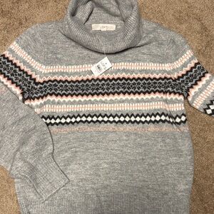 LOFT Gray Knit Sweater with Patterned Accents